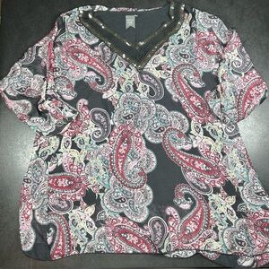 Moda Seta Italy Size M Paisley Print Silk Blend Sequined Blouse